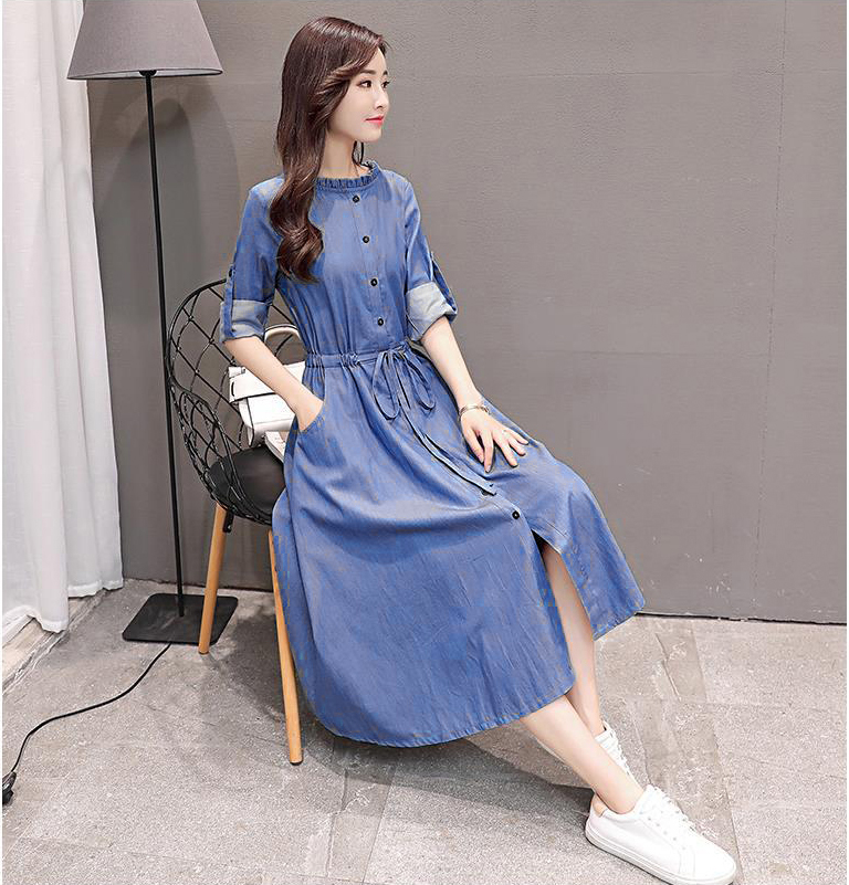 ĐẦM JEAN XÒE TAY DÀI CỔ BÈO TRÒN